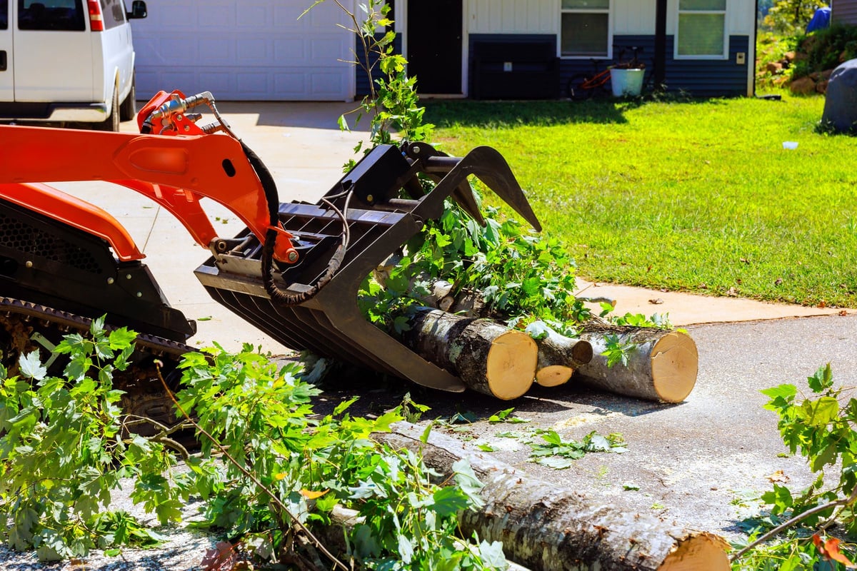 Skid steer machinery removing fallen tree logs from a driveway in a suburban area