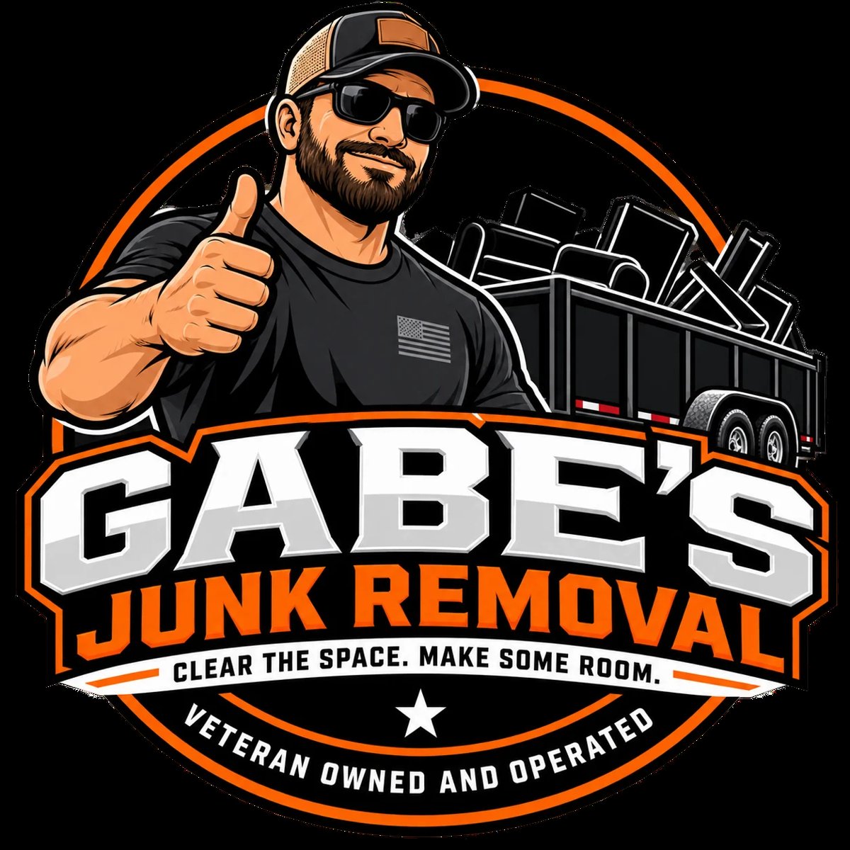 Gabes Junk Removal logo featuring a man in cap and sunglasses giving thumbs up with a junk hauling truck, veteran owned business emblem